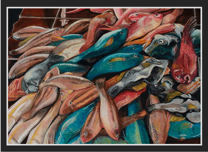 Barbadian Catch<br>
Oil on Canvas<br>
30" x 20" (Framed)<br>
Available<br>